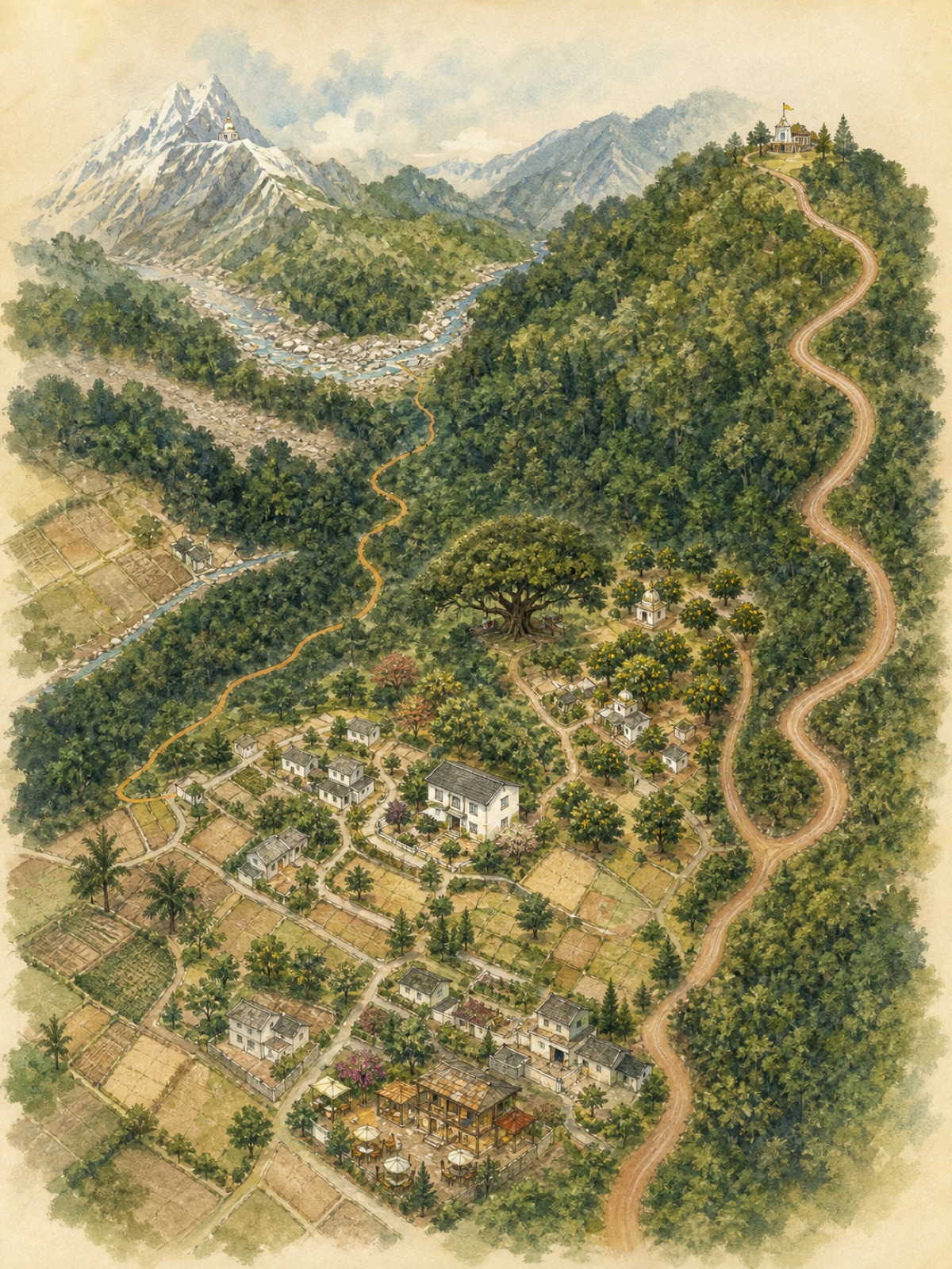 A map painted by hand showing Amatā beside the Dunga viewpoint and the downhill path to the nearby stream